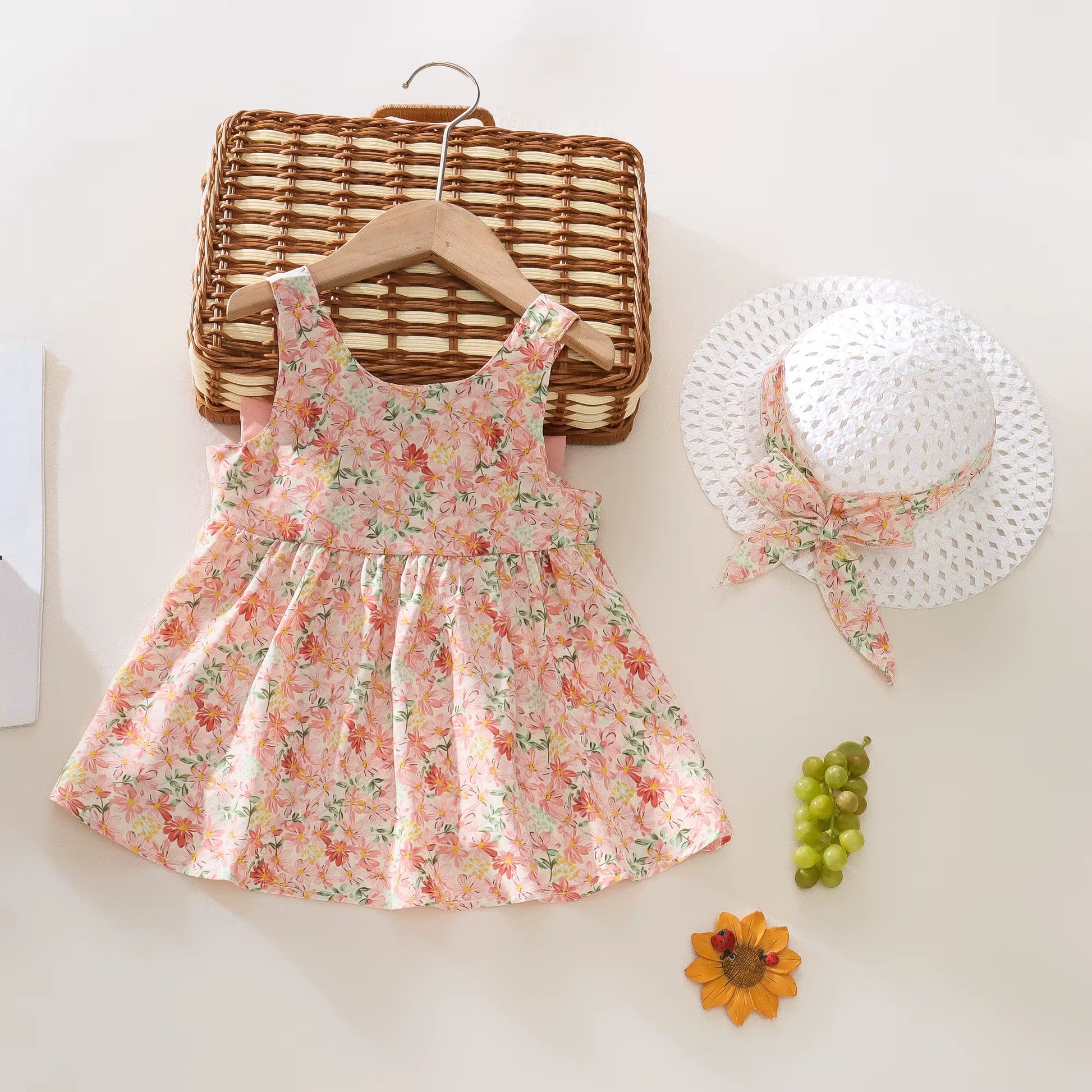 Summer 2-Piece Baby Dress+Sun Hat Bow Strap Floral Baby Girl Dress Soft and Comfortable Children'S Clothing