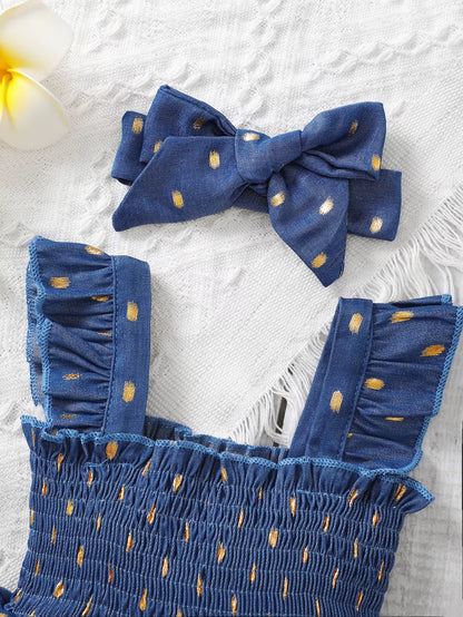 Golden Bloom – Baby Girl Blue Slip Dress with Gold Dots and Matching Headband Set