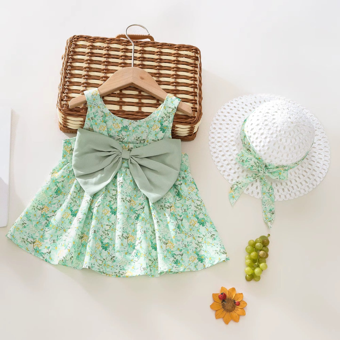 Summer 2-Piece Baby Dress+Sun Hat Bow Strap Floral Baby Girl Dress Soft and Comfortable Children'S Clothing